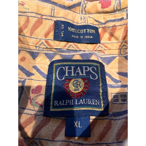 CHAPS Ralph Lauren XL Beige Blue Tribal Pattern Short Sleeve Button Up Collar - Picture 3 of 7